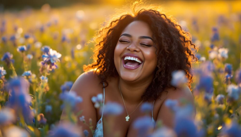 A woman laughing in a field of wildflowers